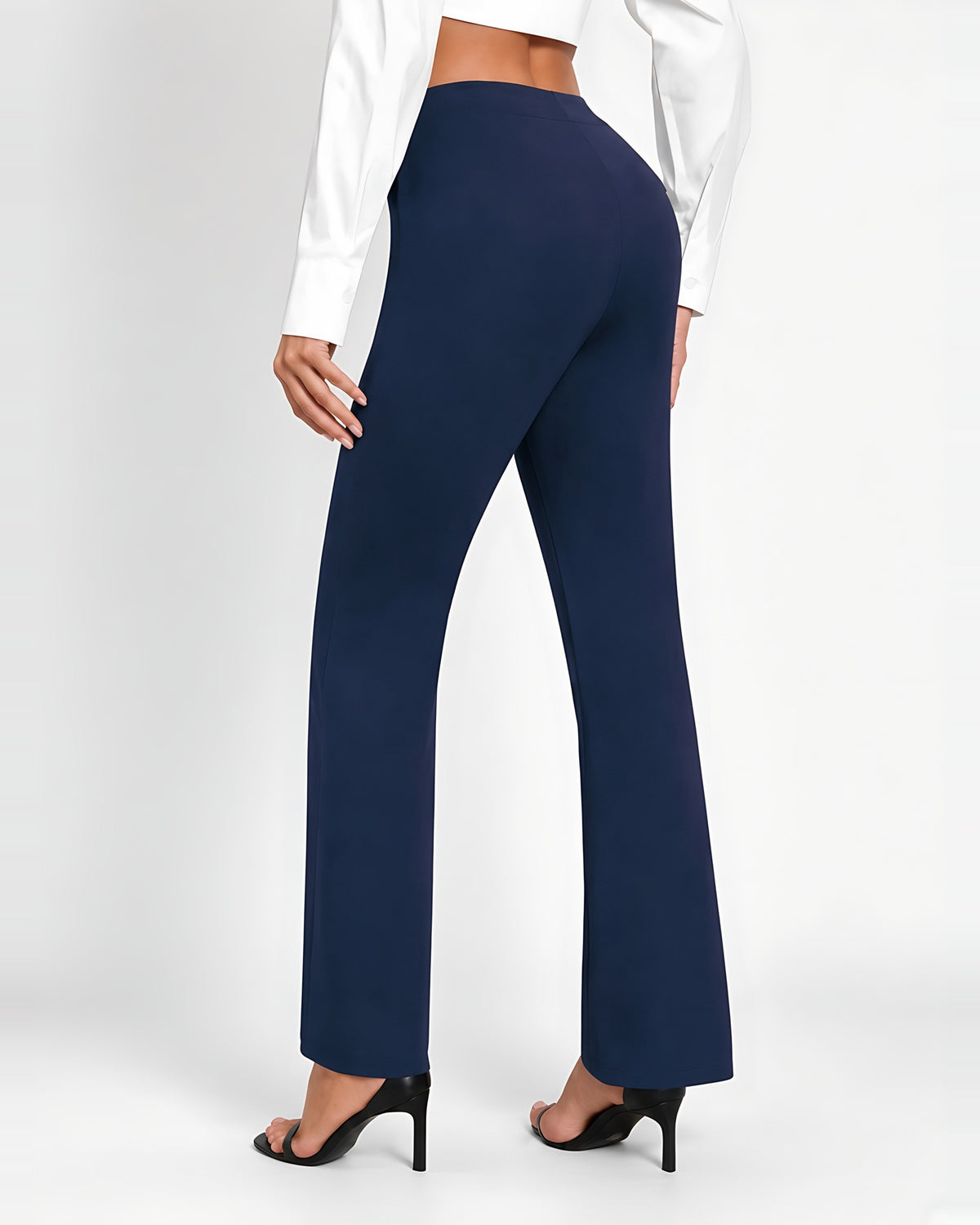 Women's High Waisted Flared Trousers in Navy – back view