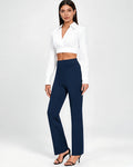 Women's High Waisted Flared Trousers in Navy – full length front view