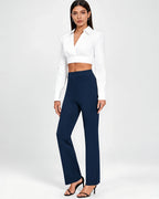 Women's High Waisted Flared Trousers in Navy – full length front view