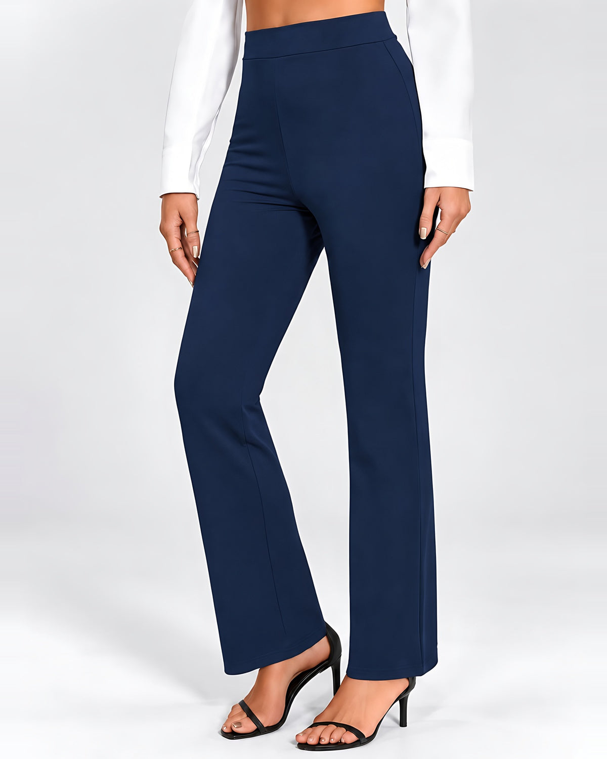 Women's High Waisted Flared Trousers in Navy – three-quarter view