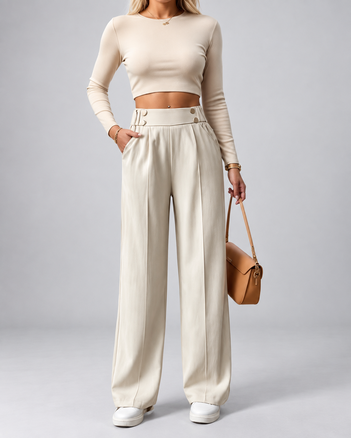 Women's High Waisted Wide Leg Tailored Trousers with Button Front