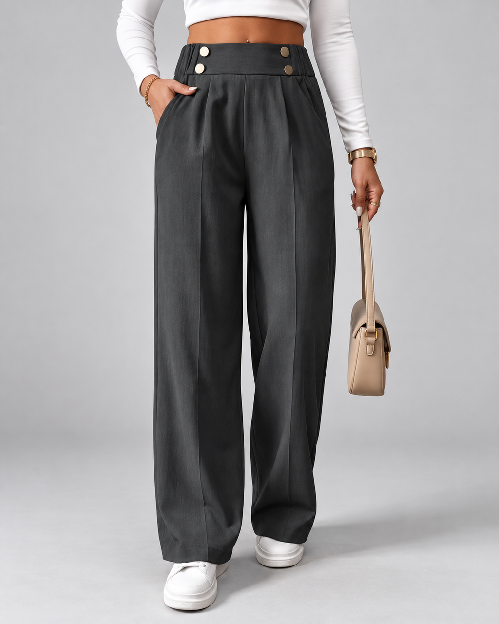 Women's High Waisted Wide Leg Tailored Trousers with Button Front