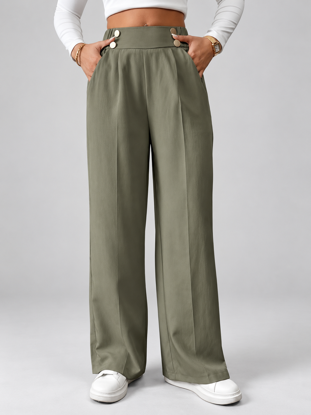 Women's High Waisted Wide Leg Tailored Trousers with Button Front