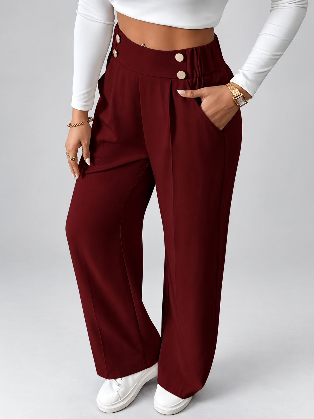 Women's High Waisted Wide Leg Tailored Trousers with Button Front