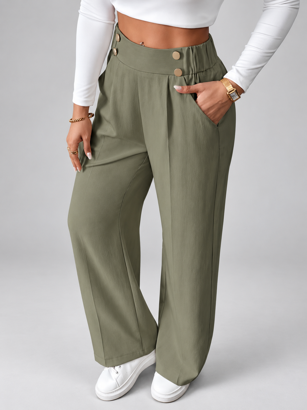 Women's High Waisted Wide Leg Tailored Trousers with Button Front