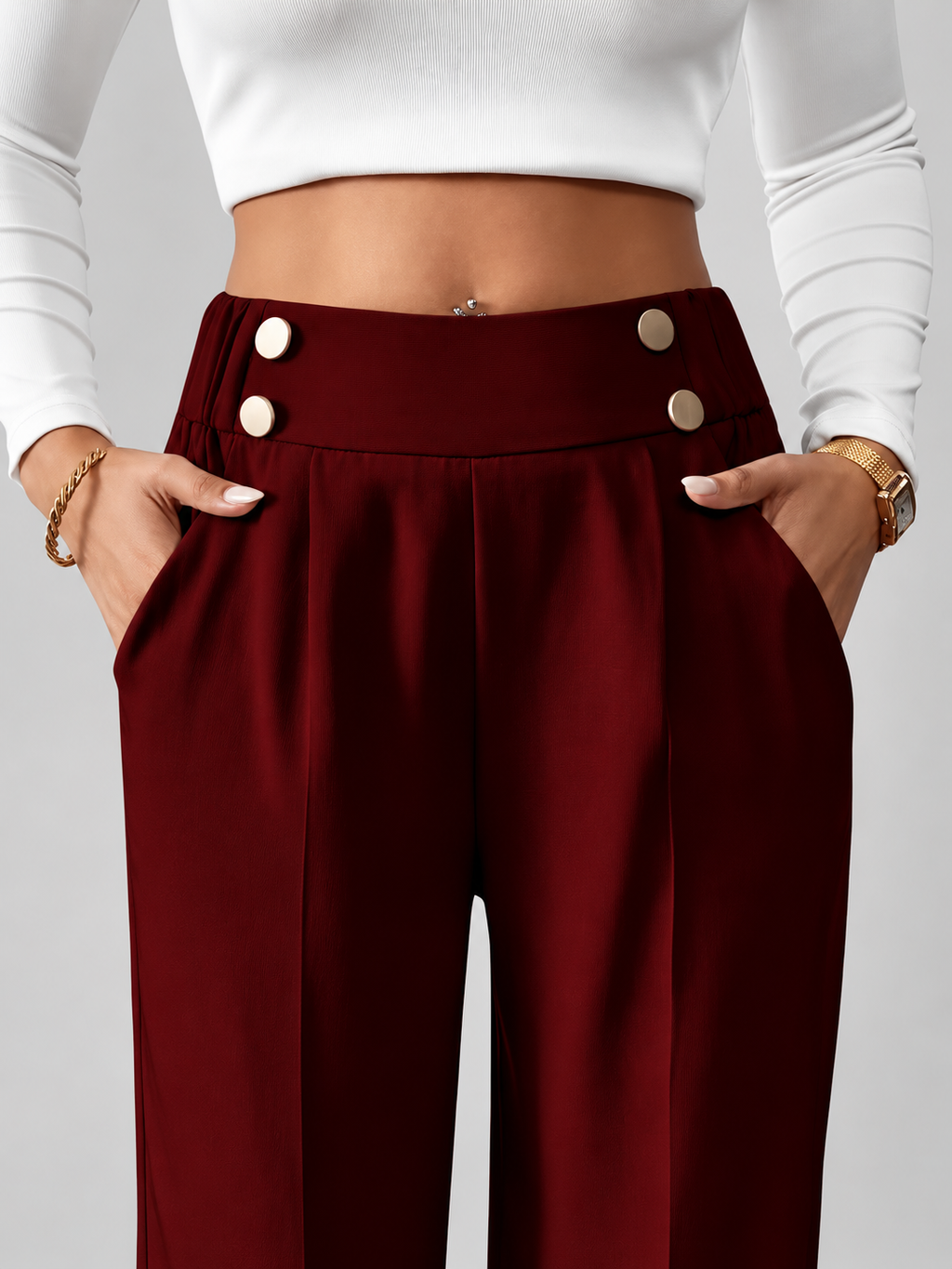 Women's High Waisted Wide Leg Tailored Trousers with Button Front