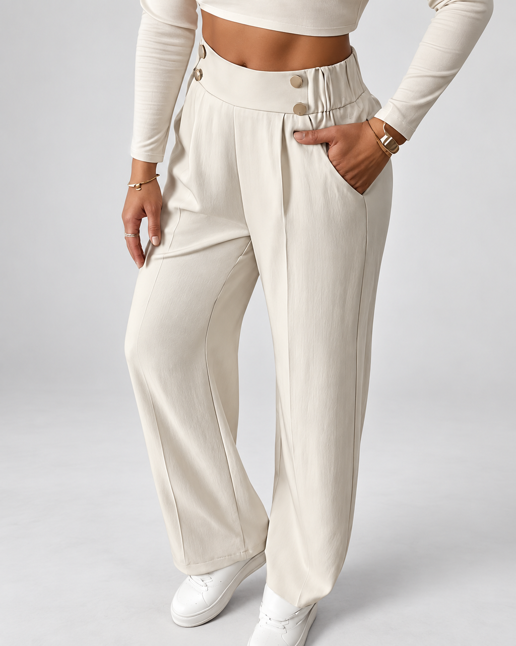Women's High Waisted Wide Leg Tailored Trousers with Button Front
