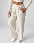 Women's High Waisted Wide Leg Tailored Trousers with Button Front