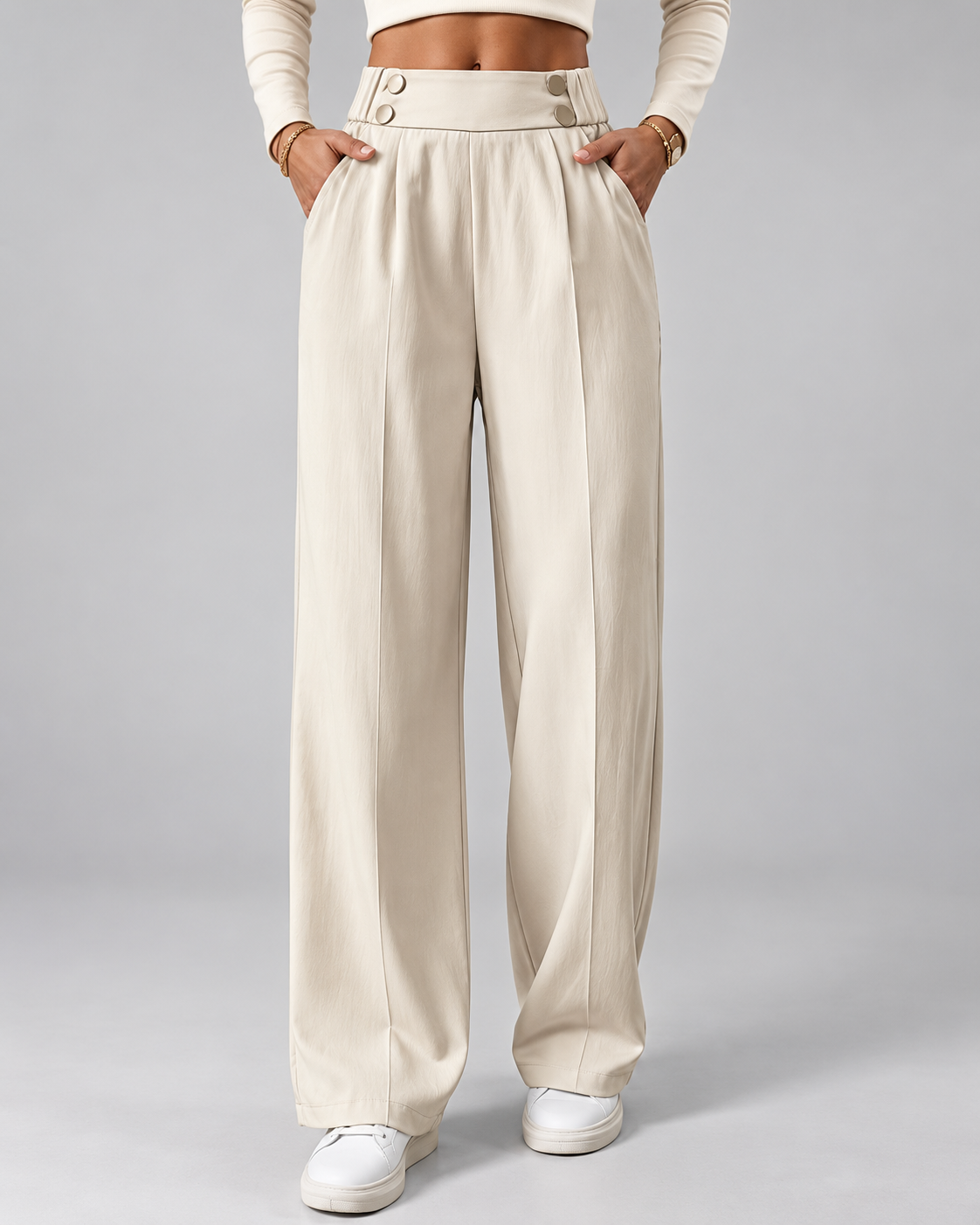 Women's High Waisted Wide Leg Tailored Trousers with Button Front