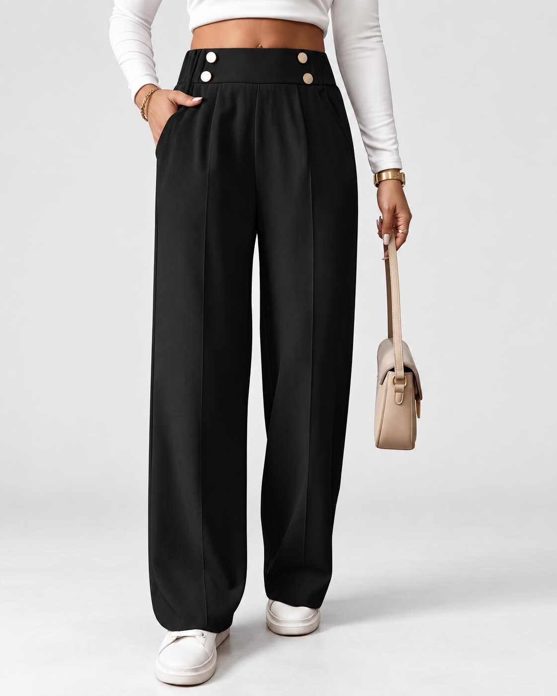 Women's High Waisted Wide Leg Tailored Trousers with Button Front