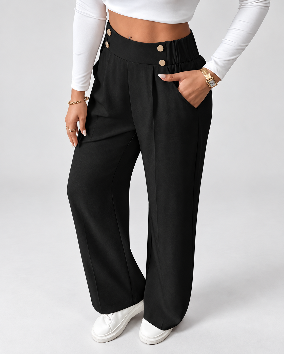 Women's High Waisted Wide Leg Tailored Trousers with Button Front