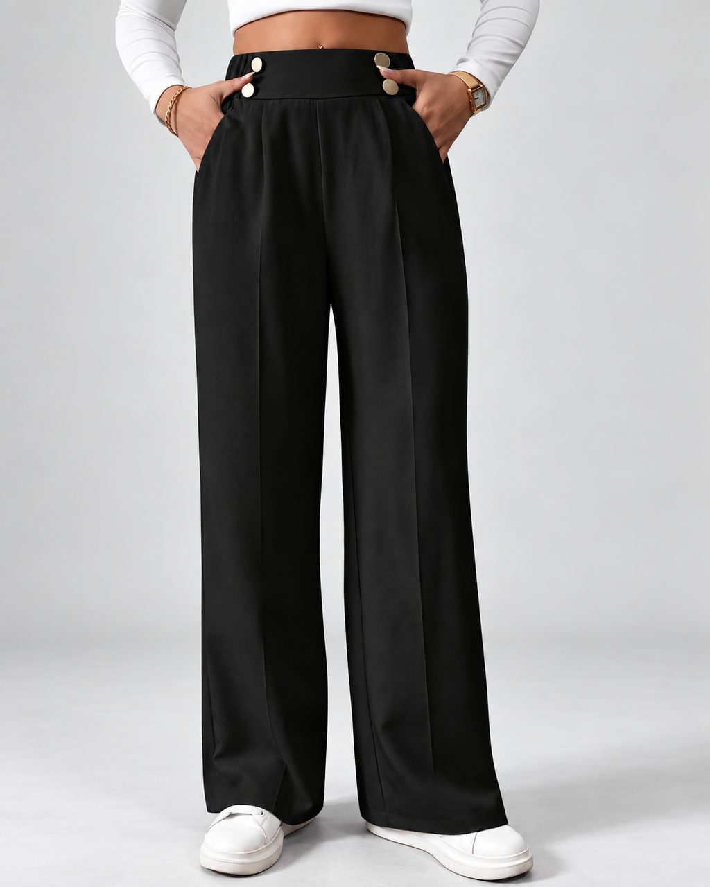 Women's High Waisted Wide Leg Tailored Trousers with Button Front