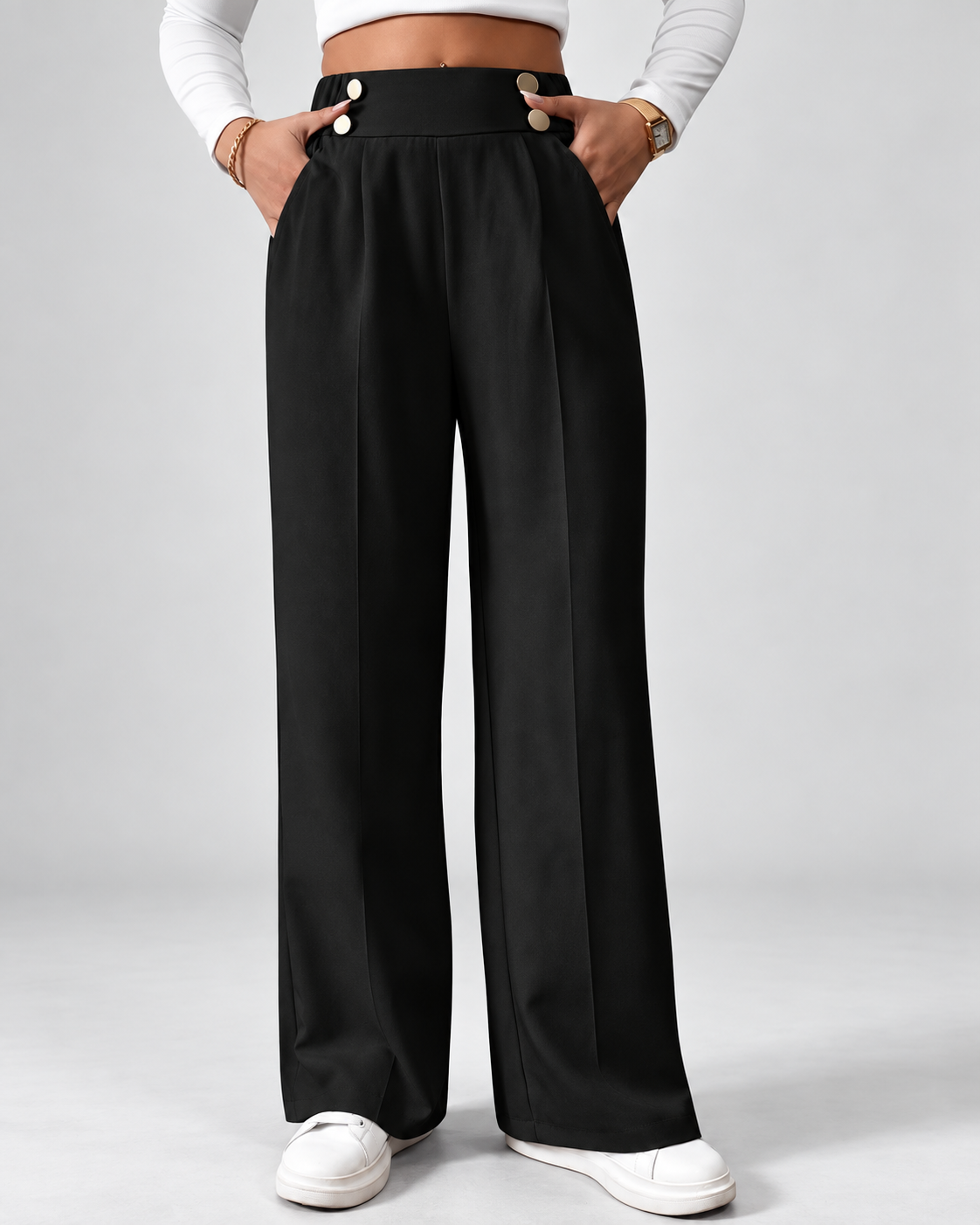 Women's High Waisted Wide Leg Tailored Trousers with Button Front