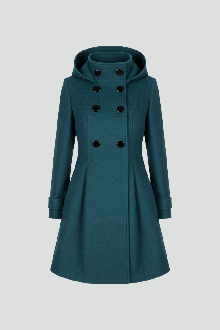 Hooded A line coat with double button front side