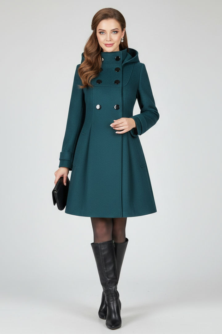 Hooded A line coat with double button front back
