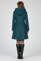 Hooded A line coat pocket detail