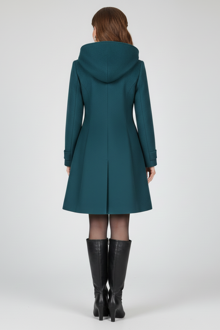 Hooded A line coat pocket detail