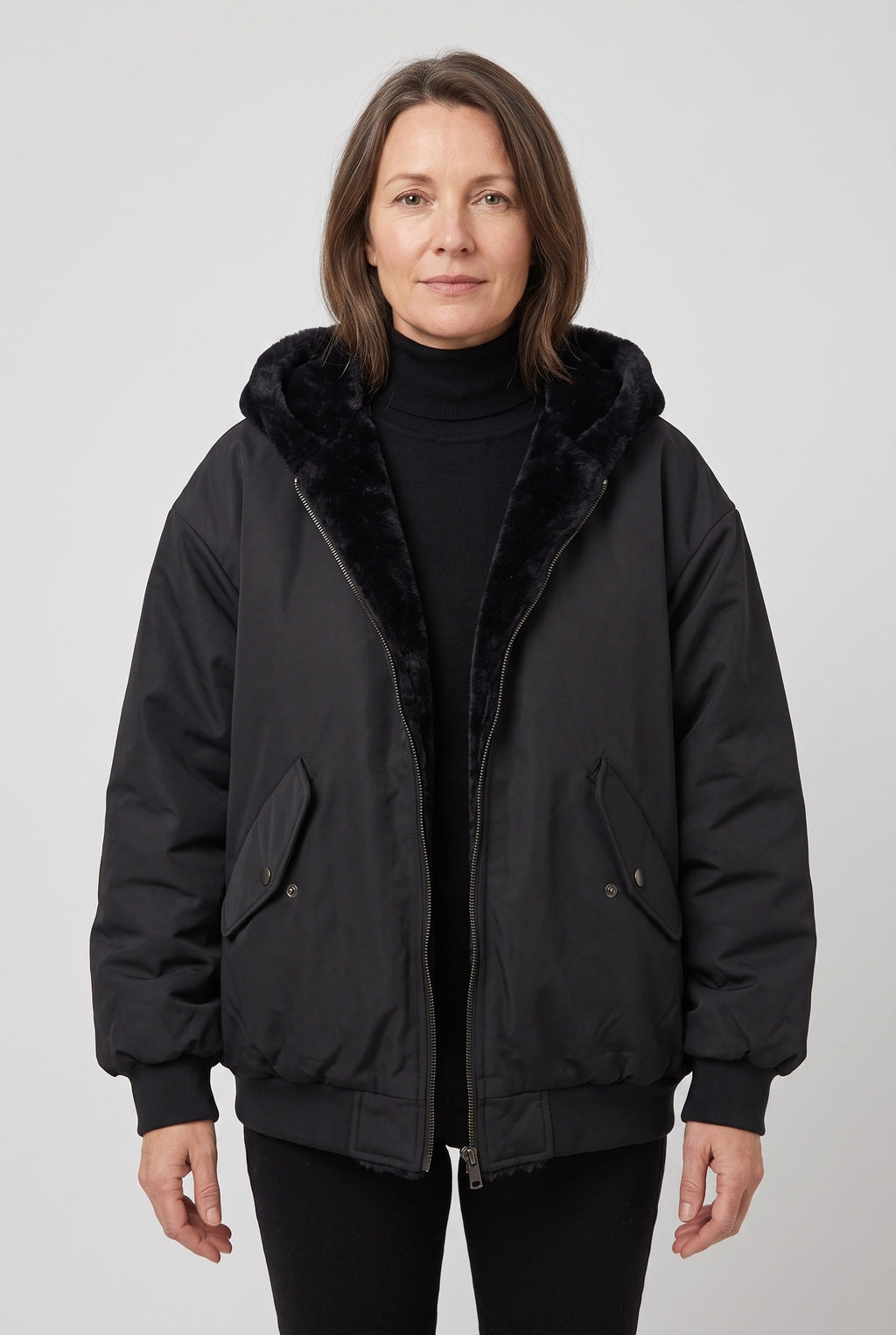Women's Hooded Bomber Jacket with Faux Fur Lining and Zip Front