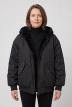 Women's Hooded Bomber Jacket with Faux Fur Lining and Zip Front