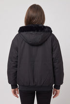 Women's Hooded Bomber Jacket with Faux Fur Lining and Zip Front