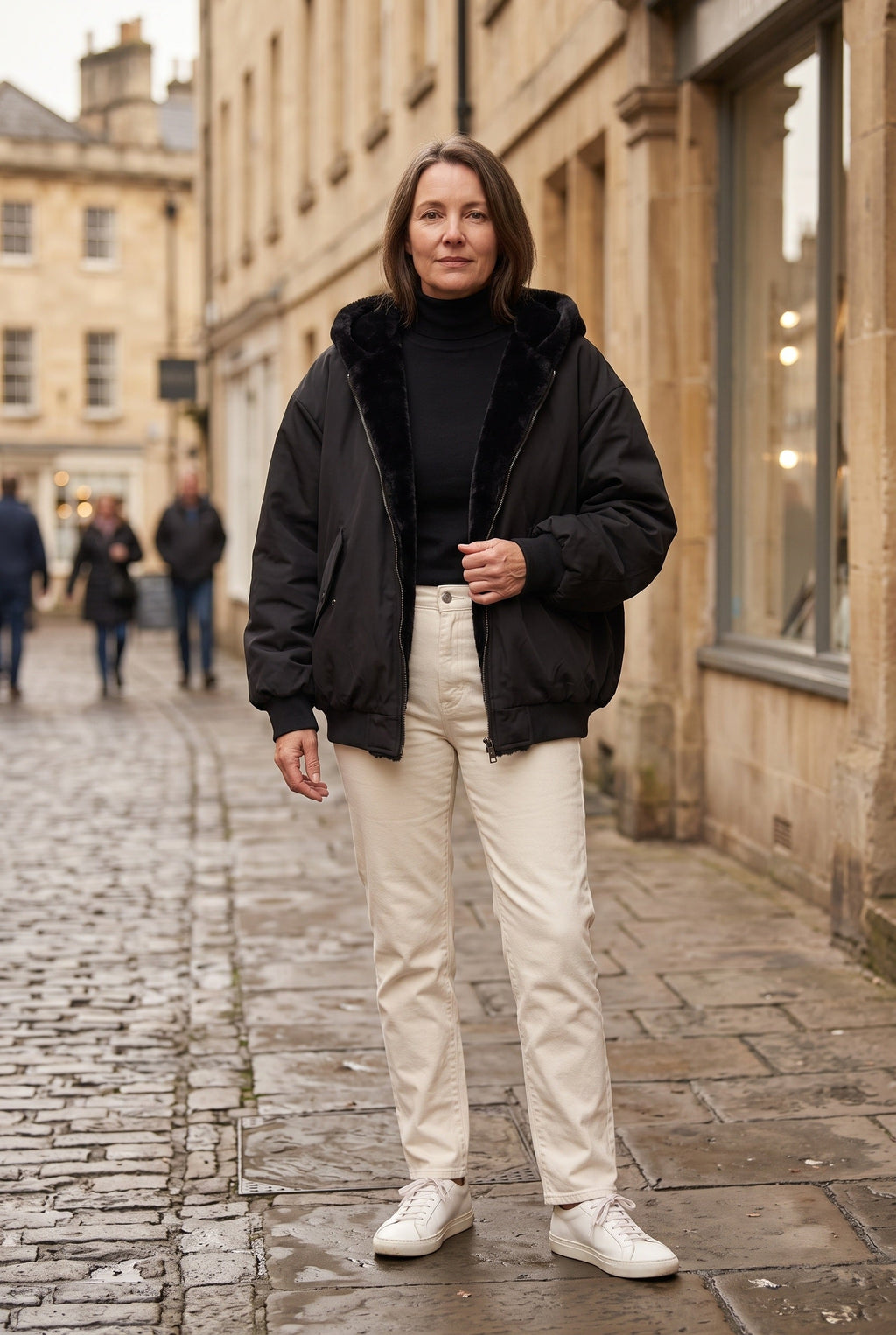 Women's Hooded Bomber Jacket with Faux Fur Lining and Zip Front