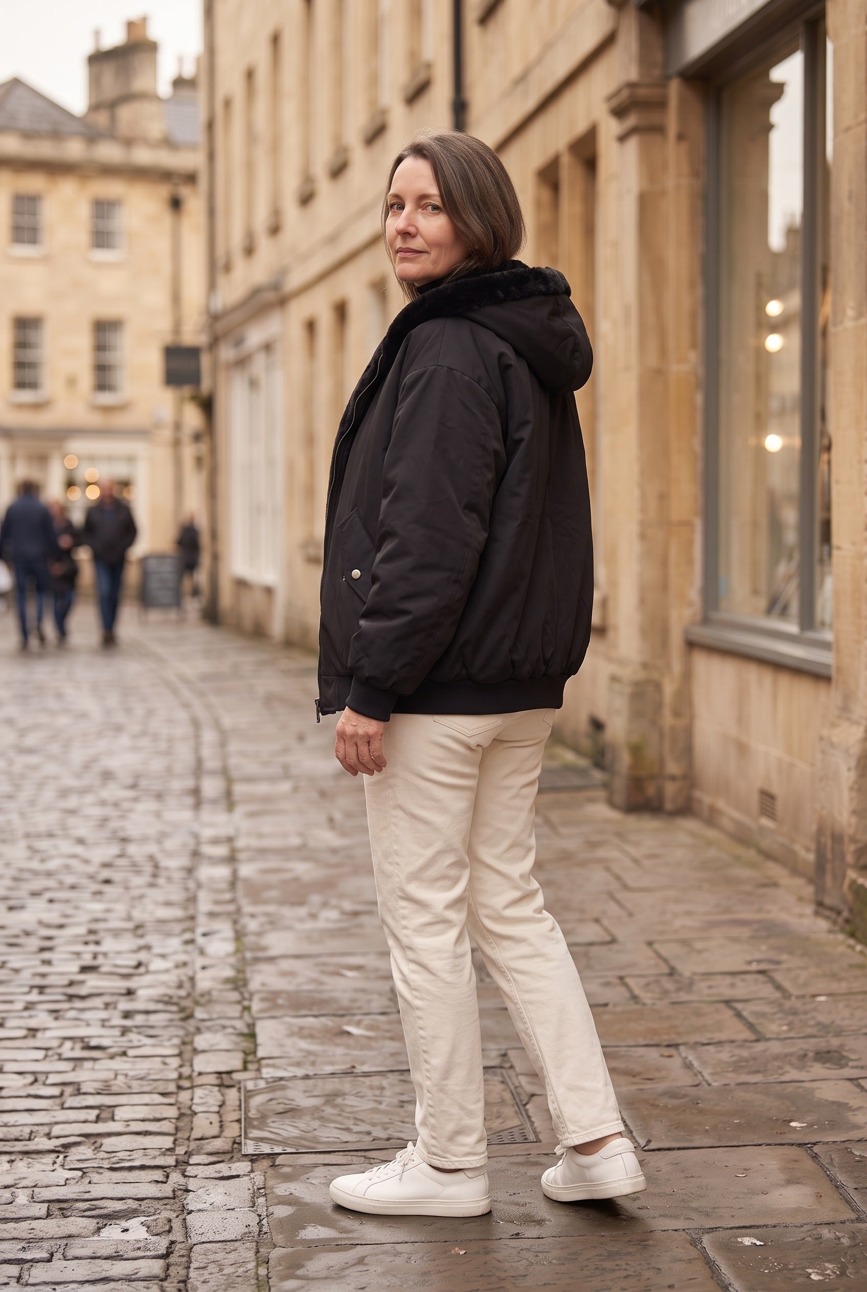 Women's Hooded Bomber Jacket with Faux Fur Lining and Zip Front
