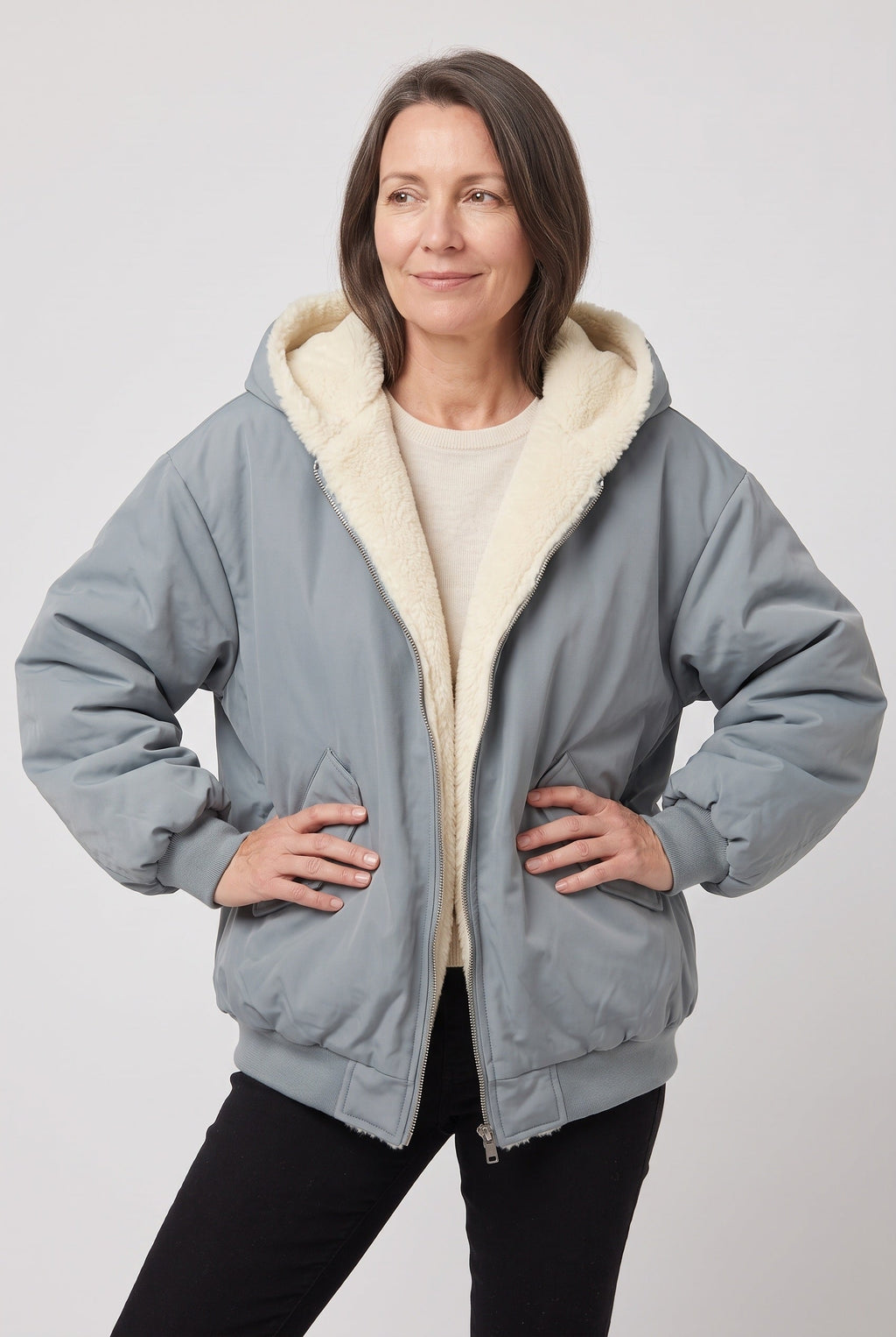 Women's Hooded Bomber Jacket with Faux Fur Lining and Zip Front