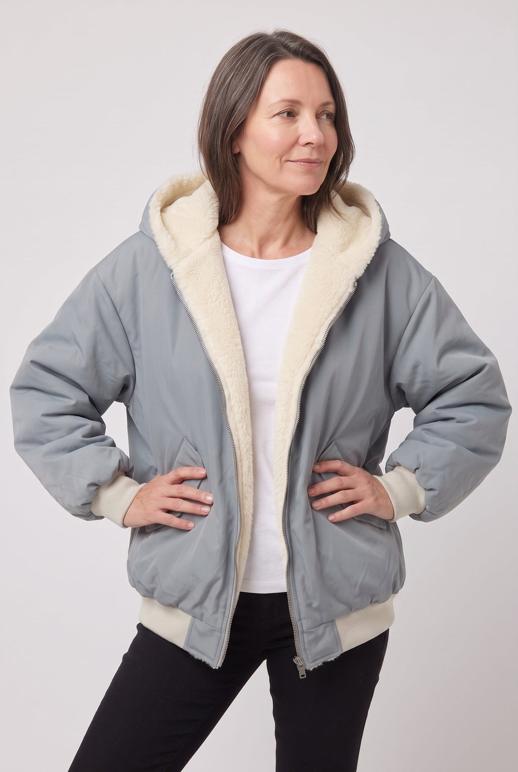 Women's Hooded Bomber Jacket with Faux Fur Lining and Zip Front