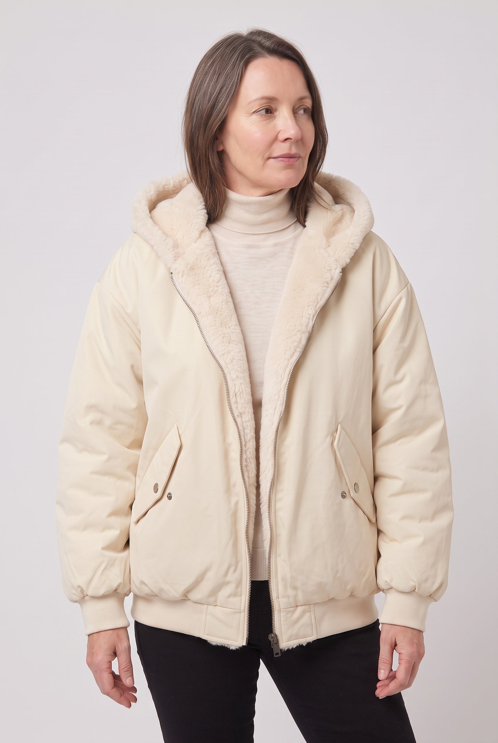 Women's Hooded Bomber Jacket with Faux Fur Lining and Zip Front