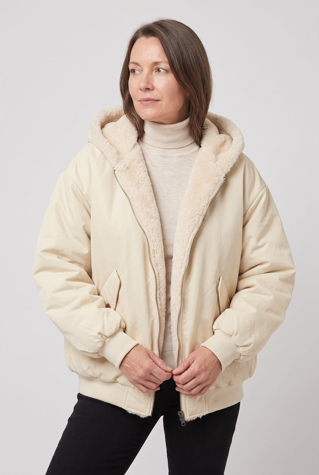 Women's Hooded Bomber Jacket with Faux Fur Lining and Zip Front