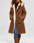 Women's Hooded Duffle Coat with Toggle Front and Contrast Pile Trim in Brown – Front View