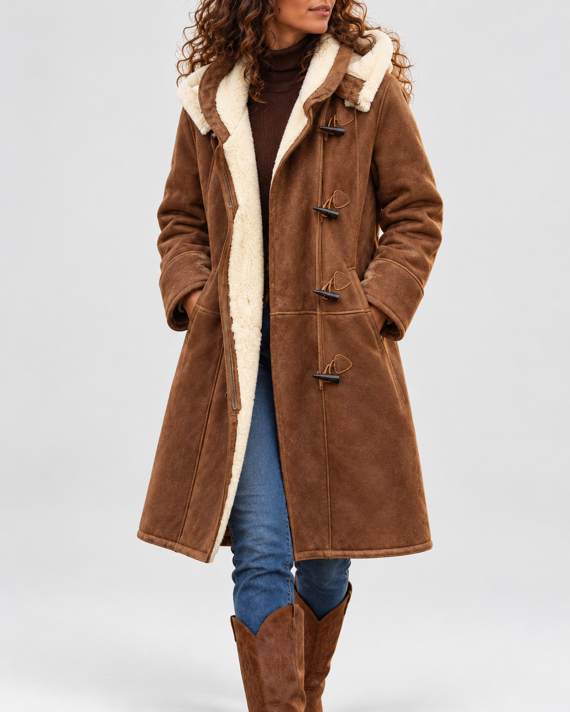 Women's Hooded Duffle Coat with Toggle Front and Contrast Pile Trim in Brown – Front View