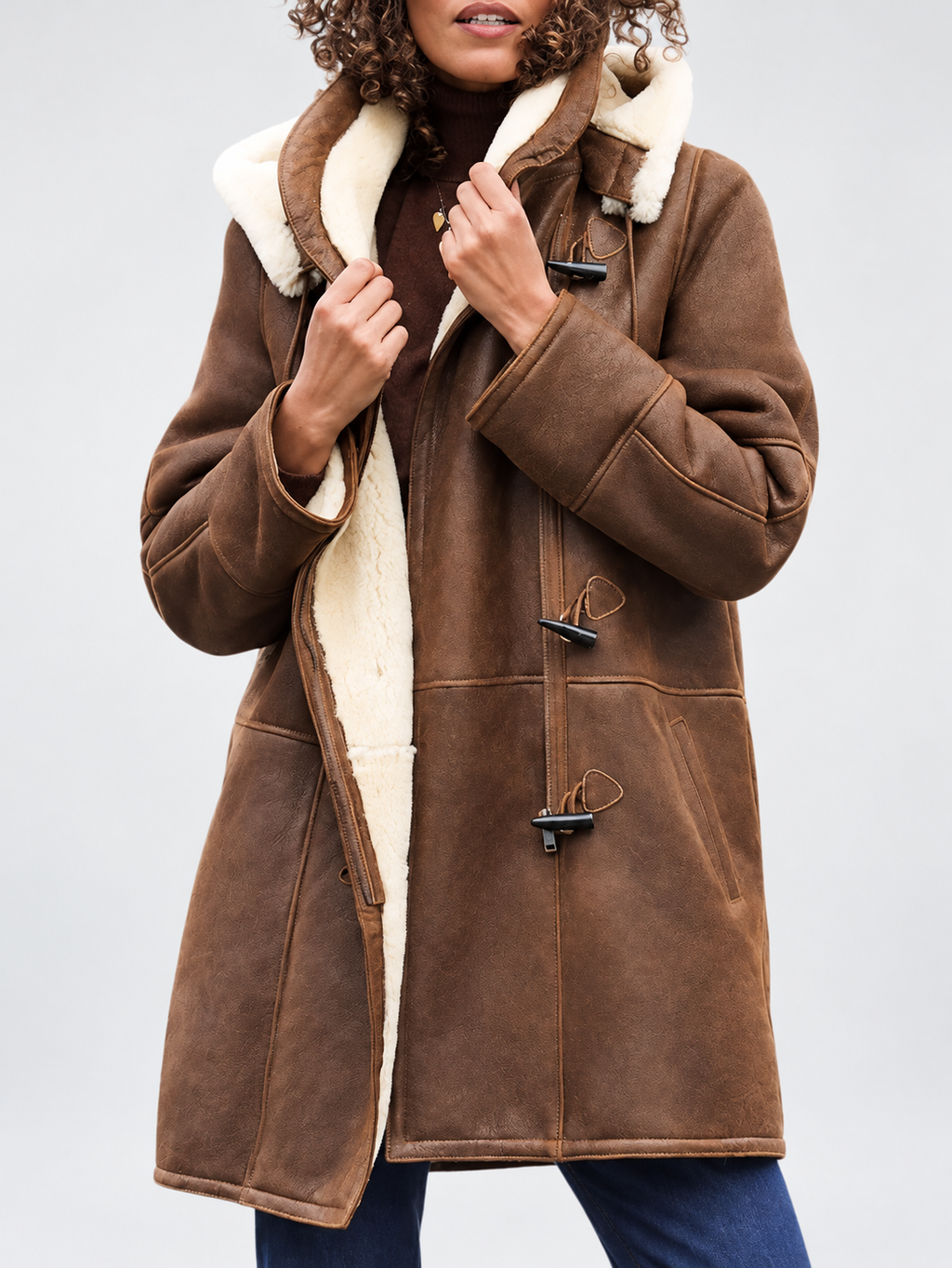 Women's Hooded Duffle Coat with Toggle Front and Contrast Pile Trim in Brown – Front View