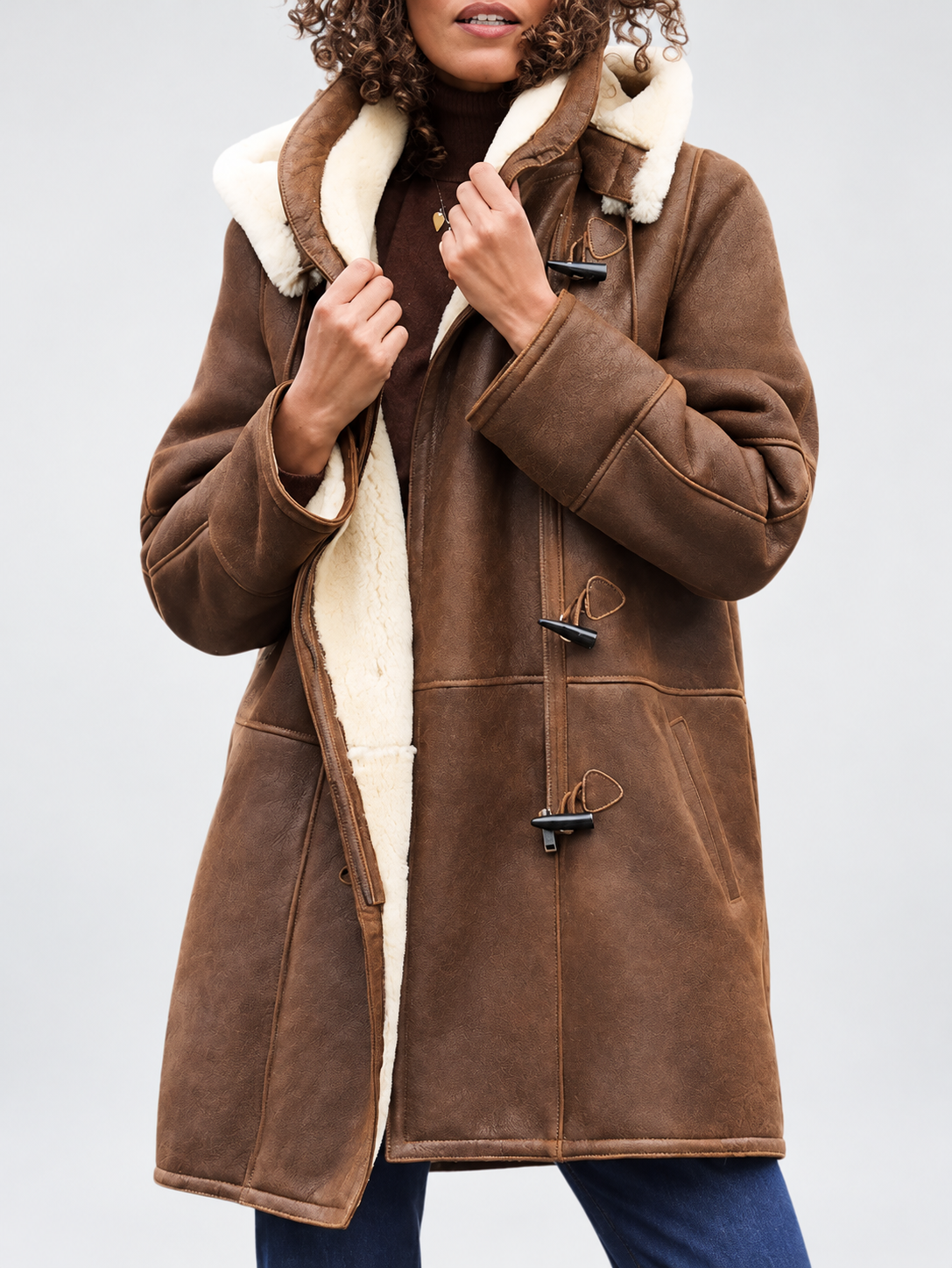 Women's Hooded Duffle Coat with Toggle Front and Contrast Pile Trim in Brown – Front View