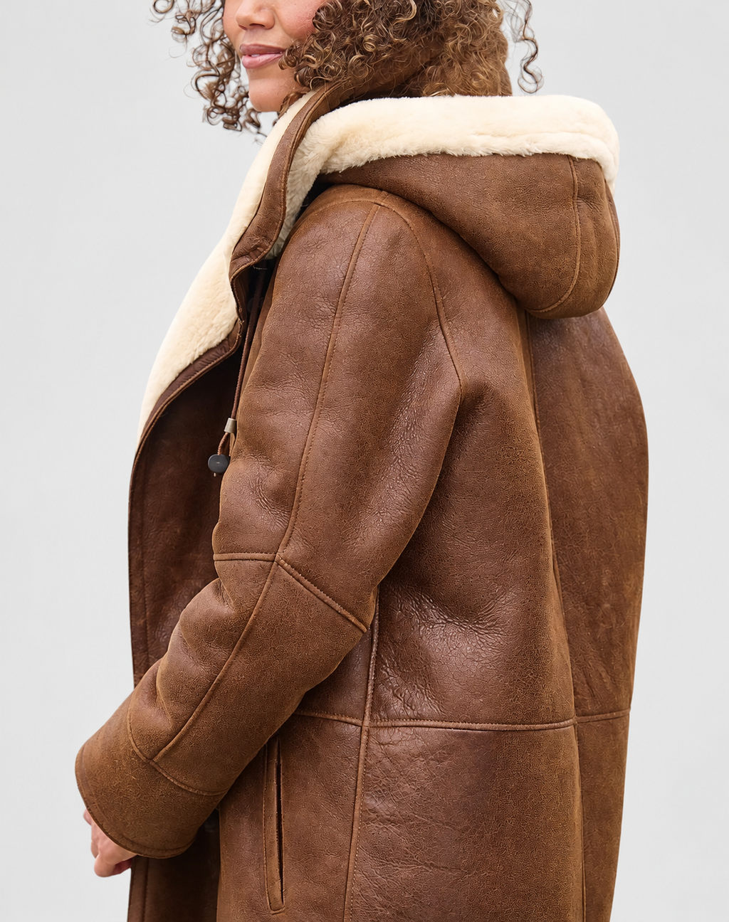 Women's Hooded Duffle Coat with Toggle Front and Contrast Pile Trim in Brown – Side View