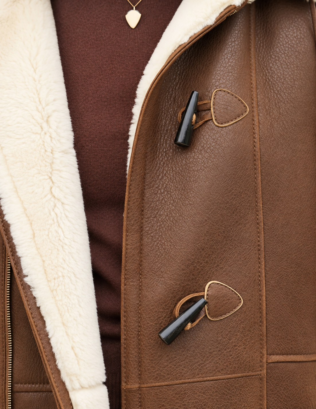 Women's Hooded Duffle Coat with Toggle Front and Contrast Pile Trim in Brown – Detail View