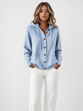 Women's Hooded Knitted Cardigan with Button Front and Patch Pockets in Sky Blue – Front View