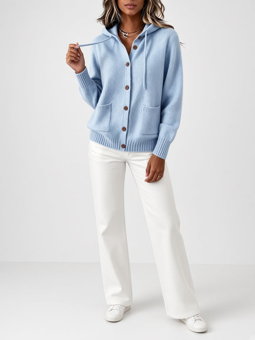 Women's Hooded Knitted Cardigan with Button Front and Patch Pockets in Sky Blue – Front View