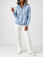Women's Hooded Knitted Cardigan with Button Front and Patch Pockets in Sky Blue – Front View