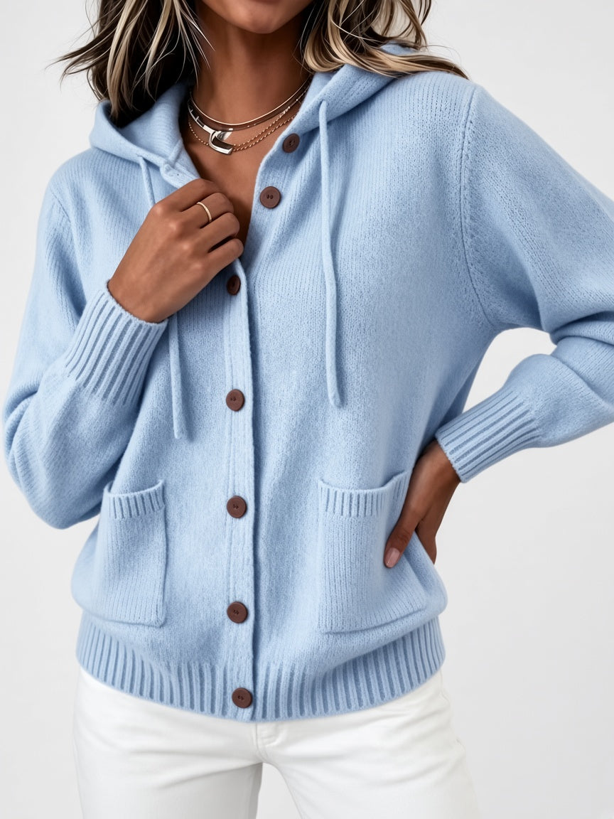 Women's Hooded Knitted Cardigan with Button Front and Patch Pockets in Sky Blue – Detail