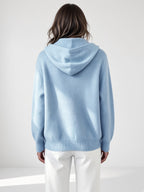 Women's Hooded Knitted Cardigan with Button Front and Patch Pockets in Sky Blue – Back View