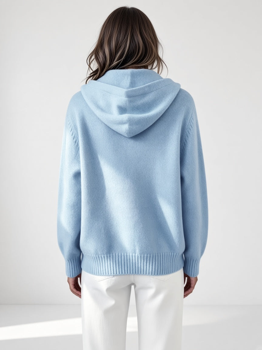 Women's Hooded Knitted Cardigan with Button Front and Patch Pockets in Sky Blue – Back View