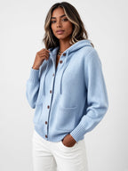 Women's Hooded Knitted Cardigan with Button Front and Patch Pockets in Sky Blue – Front View