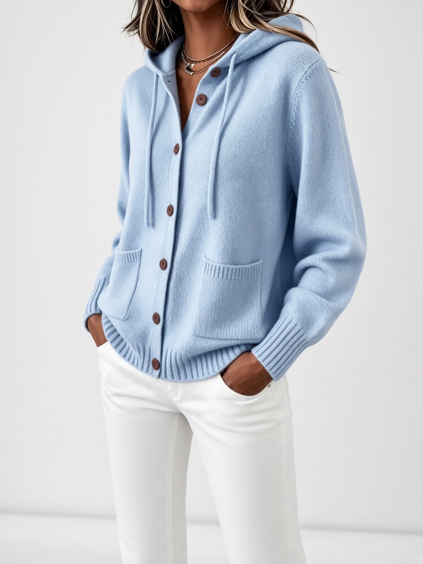 Women's Hooded Knitted Cardigan with Button Front and Patch Pockets in Sky Blue – Front View