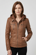 Women's Hooded Faux Leather Jacket with Zip Front and Pockets