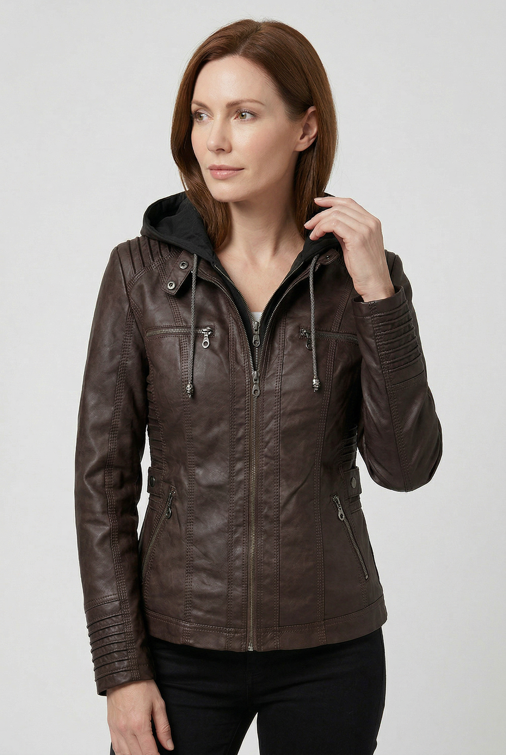 Women's Hooded Faux Leather Jacket with Zip Front and Pockets