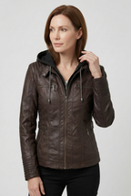 Women's Hooded Faux Leather Jacket with Zip Front and Pockets