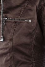 Women's Hooded Faux Leather Jacket with Zip Front and Pockets