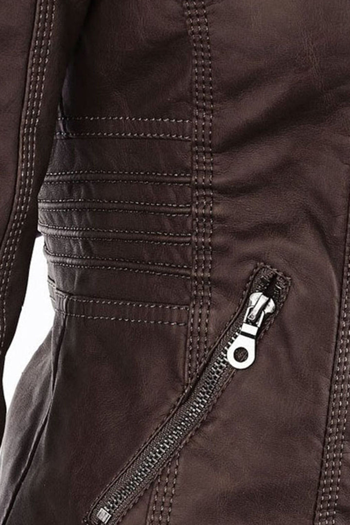 Women's Hooded Faux Leather Jacket with Zip Front and Pockets
