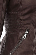 Women's Hooded Faux Leather Jacket with Zip Front and Pockets